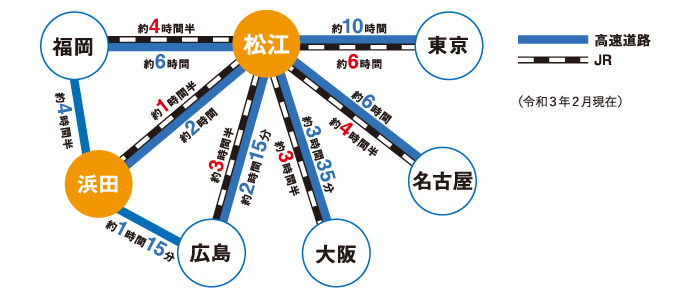 島根県松江市への陸路図