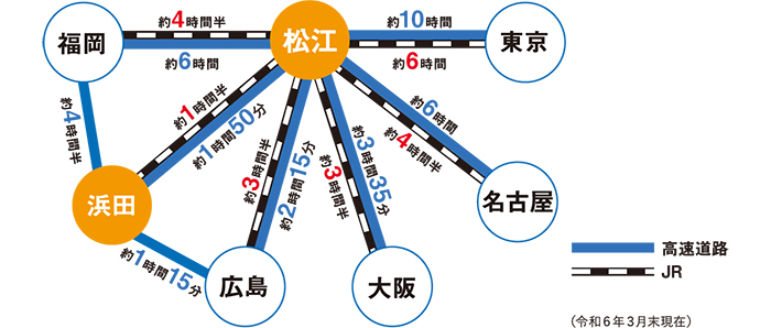 島根県松江市への陸路図